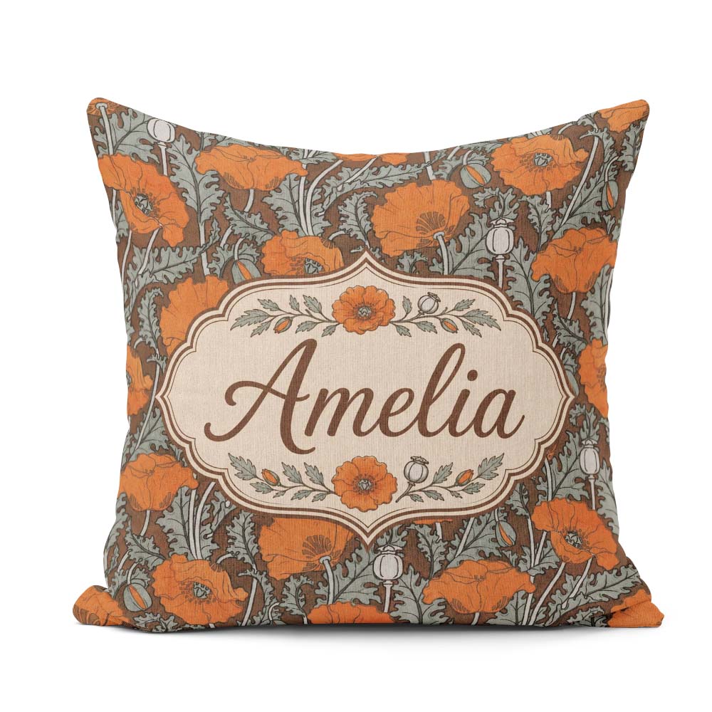 Custom Name Retro Orange Poppy Flowers Seamless Botanical Floral Square Filled Cushion Throw Pillow Sofa Bed Home Decor Zip Washable UK Made