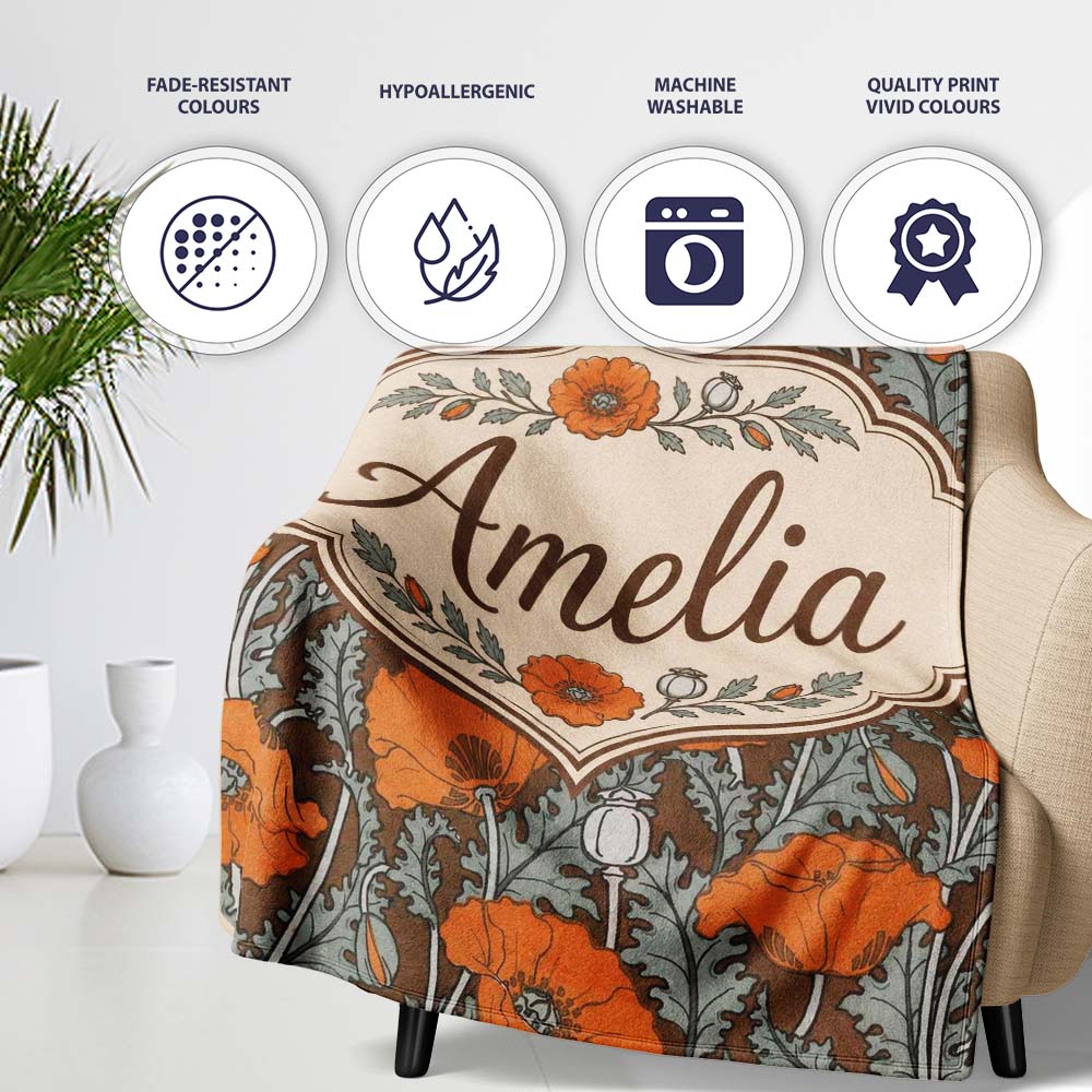 Retro Orange Poppy Flowers Seamless Pattern Botanical Floral Name Personalised Custom Name Super Soft Fleece Blanket Bed Sofa Throw
