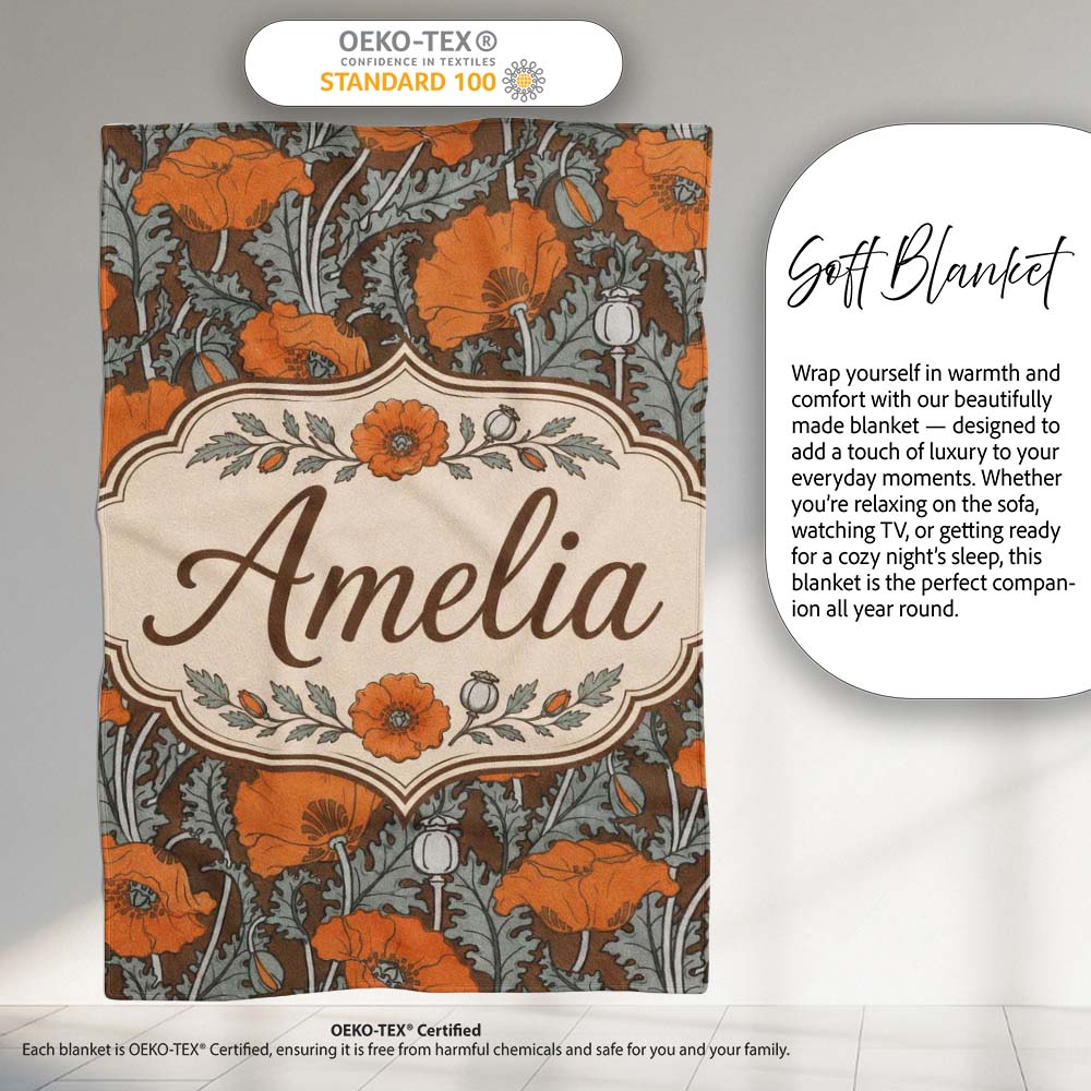 Retro Orange Poppy Flowers Seamless Pattern Botanical Floral Name Personalised Custom Name Super Soft Fleece Blanket Bed Sofa Throw