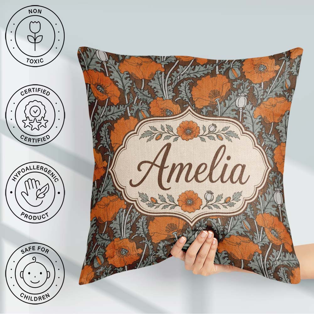 Custom Name Retro Orange Poppy Flowers Seamless Botanical Floral Square Filled Cushion Throw Pillow Sofa Bed Home Decor Zip Washable UK Made