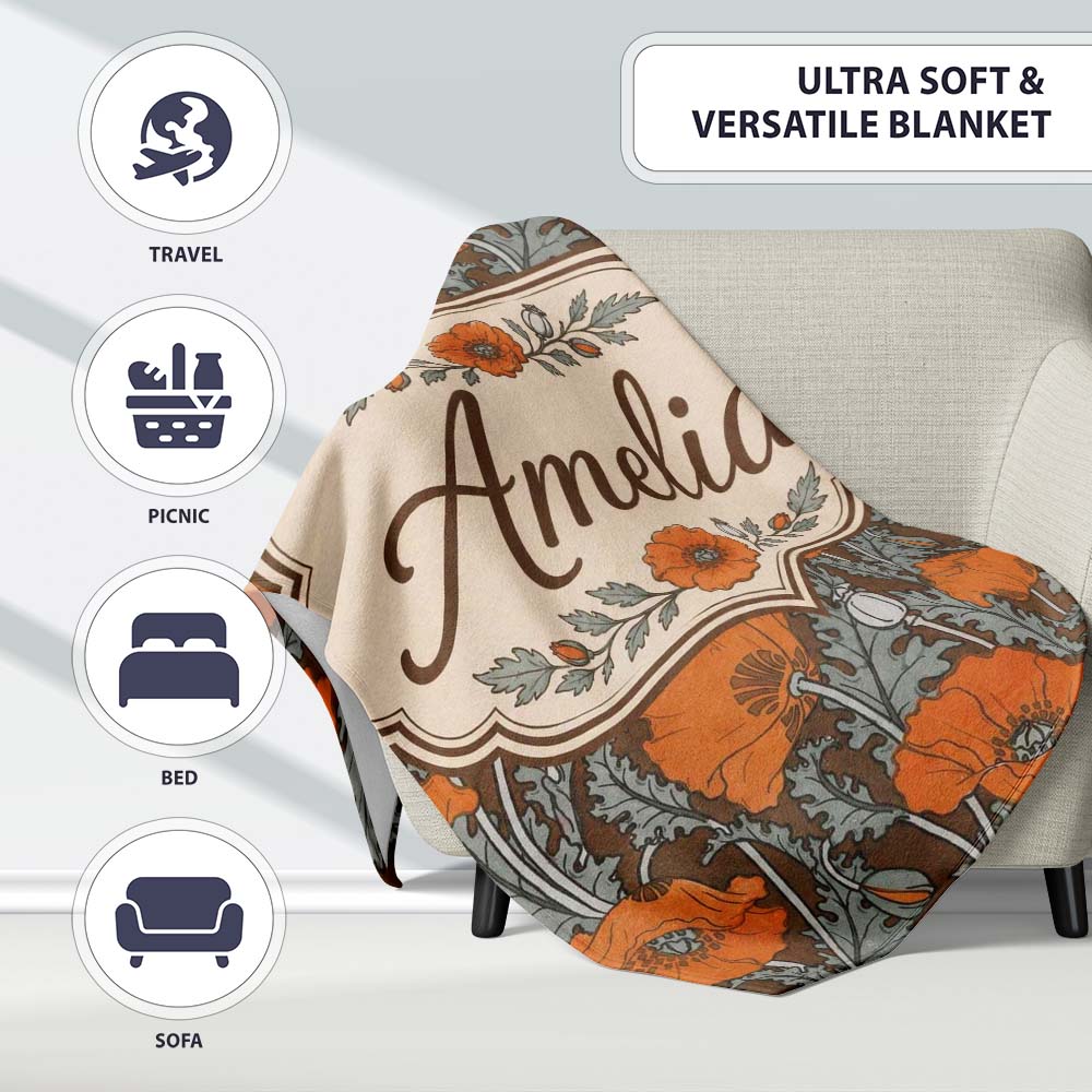 Retro Orange Poppy Flowers Seamless Pattern Botanical Floral Name Personalised Custom Name Super Soft Fleece Blanket Bed Sofa Throw