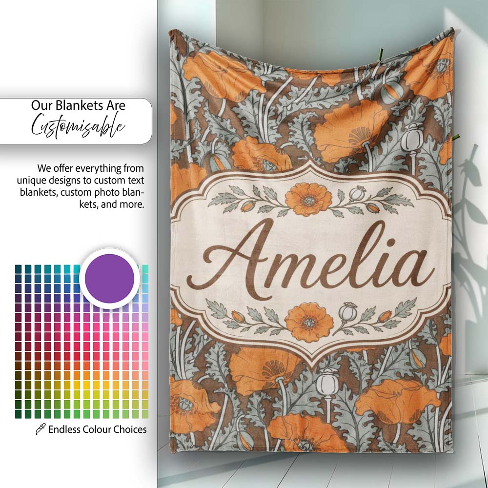 Retro Orange Poppy Flowers Seamless Pattern Botanical Floral Name Personalised Custom Name Super Soft Fleece Blanket Bed Sofa Throw