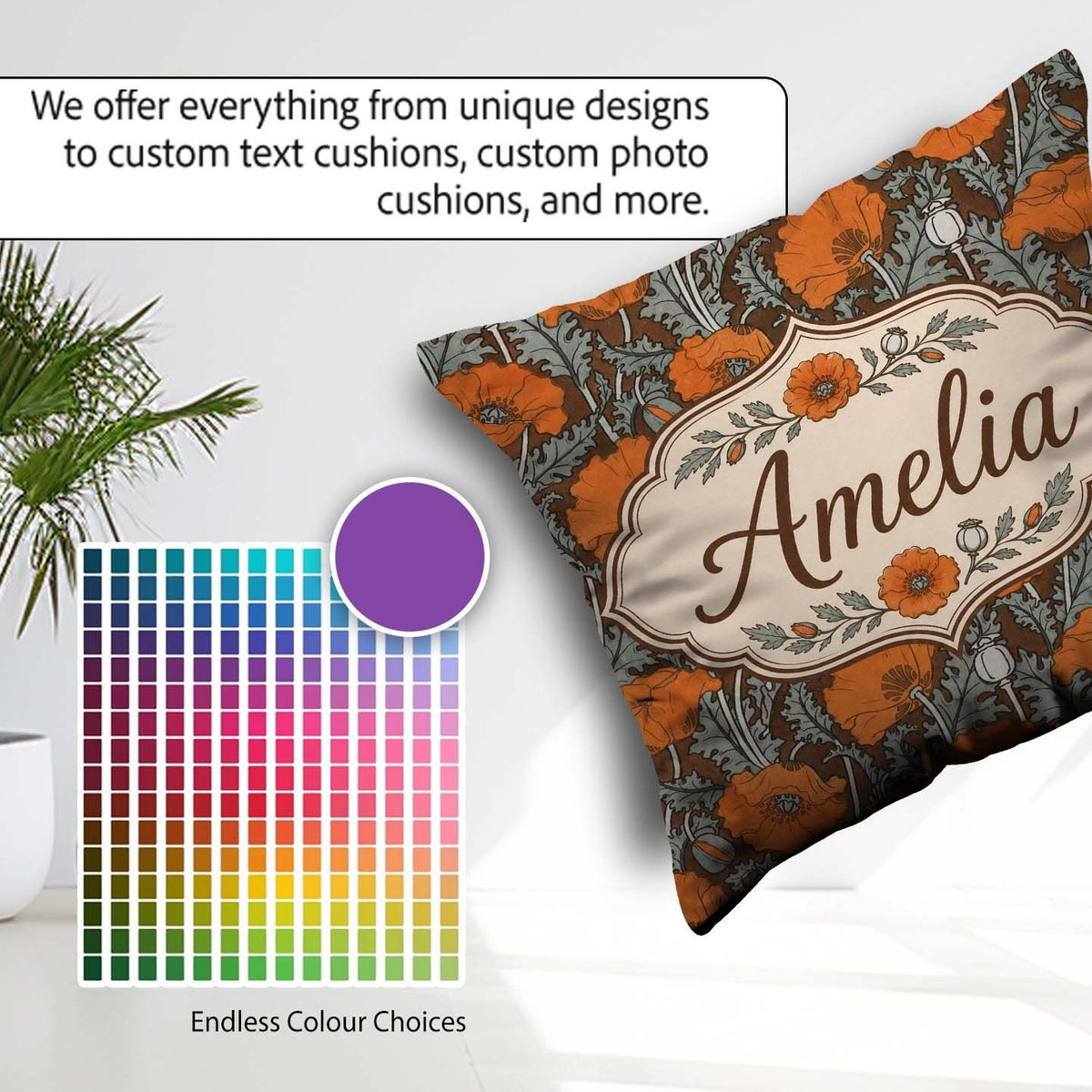 Custom Name Retro Orange Poppy Flowers Seamless Botanical Floral Square Filled Cushion Throw Pillow Sofa Bed Home Decor Zip Washable UK Made