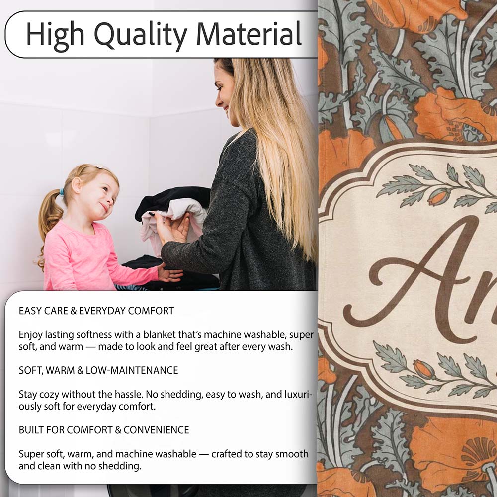 Retro Orange Poppy Flowers Seamless Pattern Botanical Floral Name Personalised Custom Name Super Soft Fleece Blanket Bed Sofa Throw