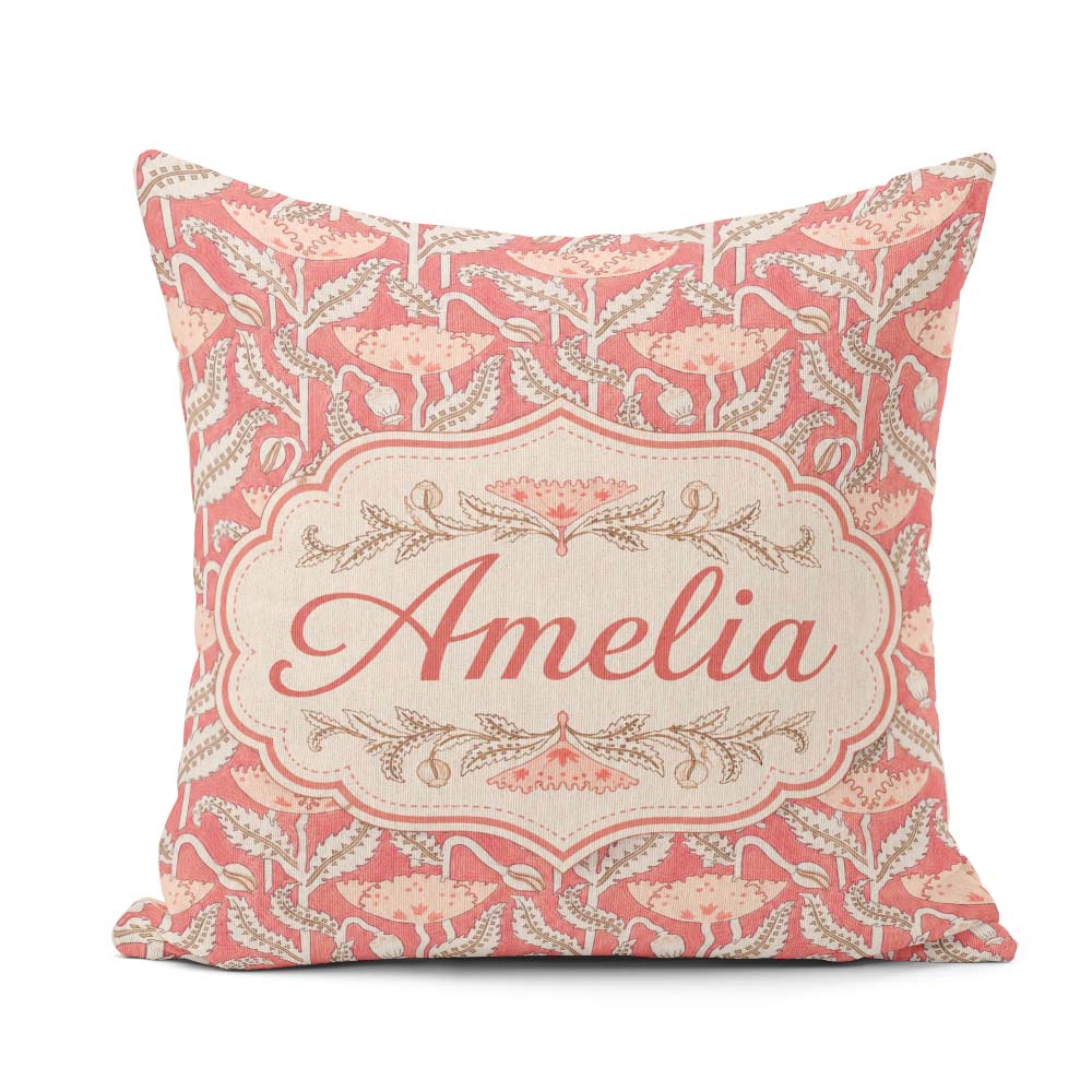 Custom Name Art Nouveau Floral Pattern with Stylized Leaves Name Square Filled Cushion Throw Pillow Sofa Bed Home Decor Zip Washable UK Made
