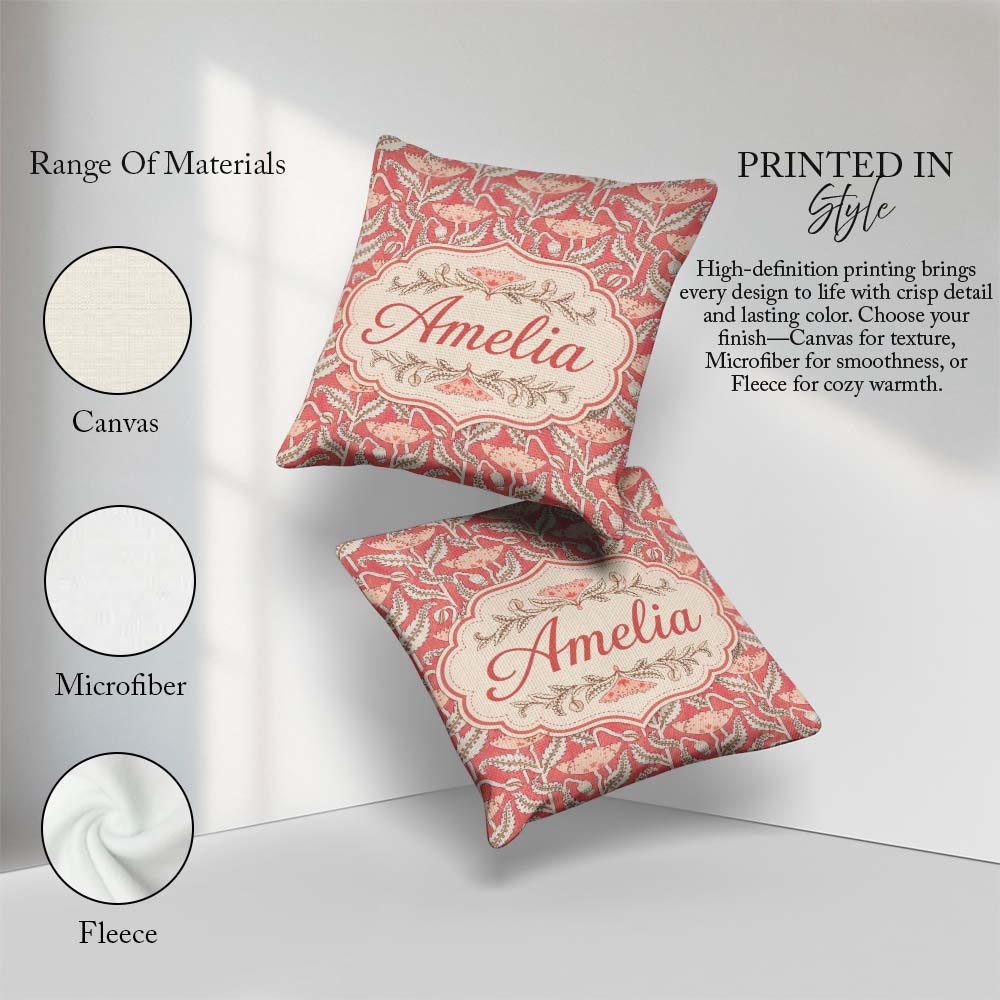 Custom Name Art Nouveau Floral Pattern with Stylized Leaves Name Square Filled Cushion Throw Pillow Sofa Bed Home Decor Zip Washable UK Made