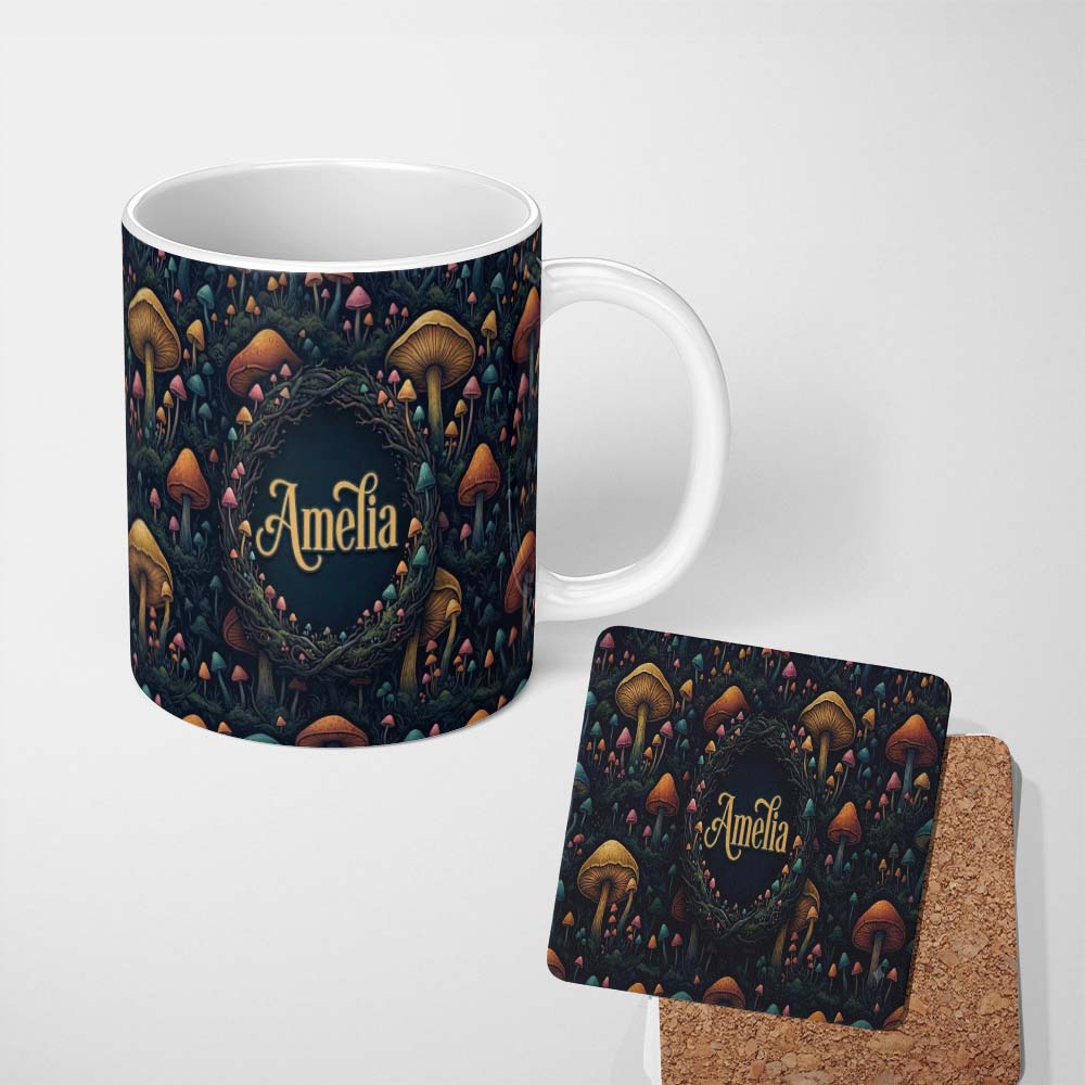 Personalized Custom Name Fantasy Mushroom Forest Seamless Pattern Magical Woodland Custom 11oz Ceramic Coffee Tea Mug White Large Handle
