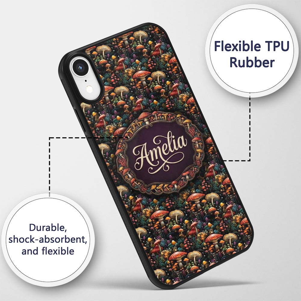 Enchanted Forest Mushrooms Decorative Design Custom Name Protective Phone Case Mobile Cover Durable Everyday Smartphone Shock Resistant