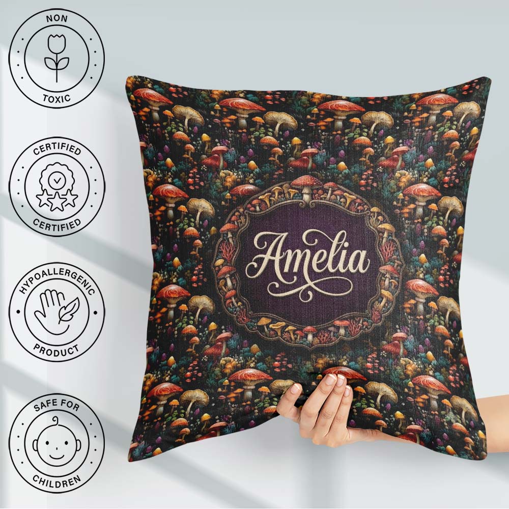 Custom Name Enchanted Forest Mushrooms Seamless Pattern Woodland Square Filled Cushion Throw Pillow Sofa Bed Home Decor Zip Washable UK Made
