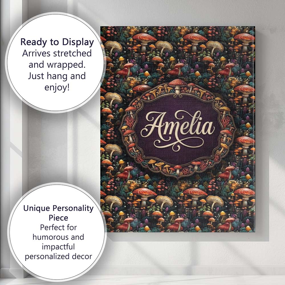 Personalised Name Enchanted Forest Mushrooms Custom Bespoke Contemporary Display Canvas Wall Art Print Decor Picture Ready to Hang