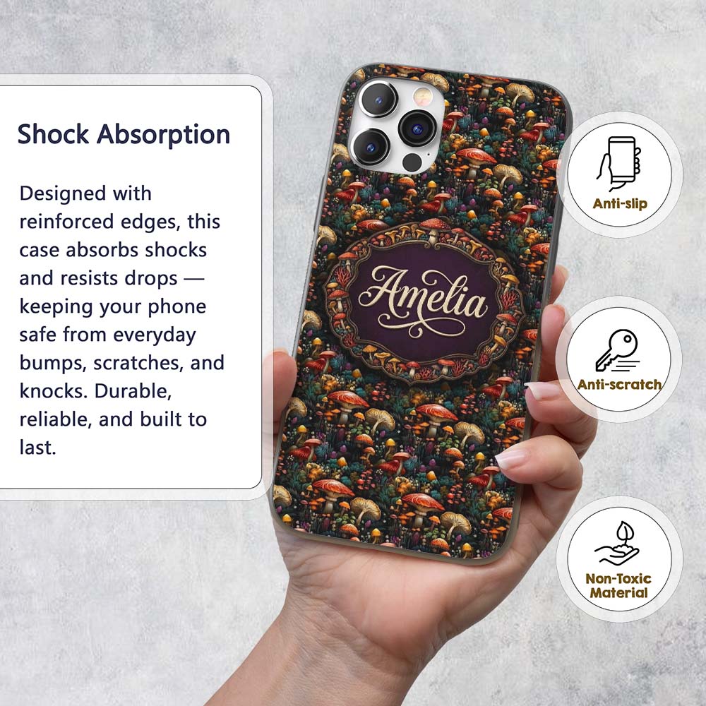 Enchanted Forest Mushrooms Decorative Design Custom Name Protective Phone Case Mobile Cover Durable Everyday Smartphone Shock Resistant