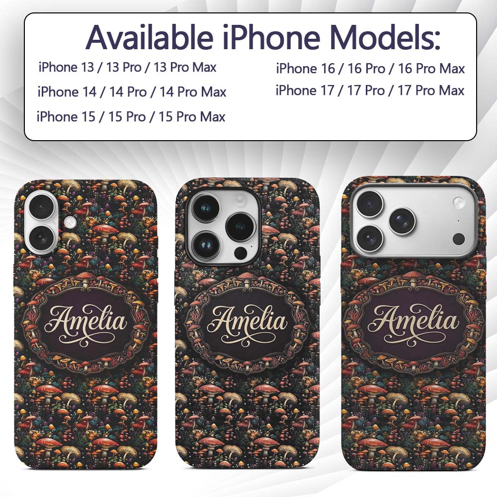 Enchanted Forest Mushrooms Decorative Design Custom Name Protective Phone Case Mobile Cover Durable Everyday Smartphone Shock Resistant