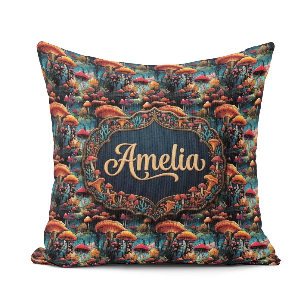 Custom Name Vibrant Fantasy Mushroom Landscape Seamless Pattern Square Filled Cushion Throw Pillow Sofa Bed Home Decor Zip Washable UK Made