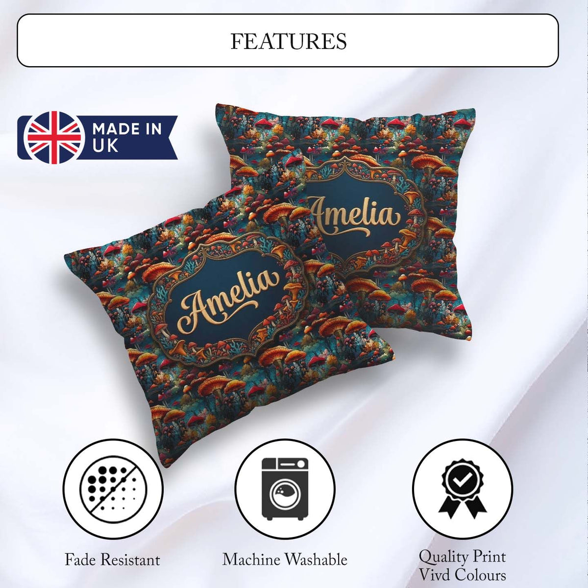 Custom Name Vibrant Fantasy Mushroom Landscape Seamless Pattern Square Filled Cushion Throw Pillow Sofa Bed Home Decor Zip Washable UK Made