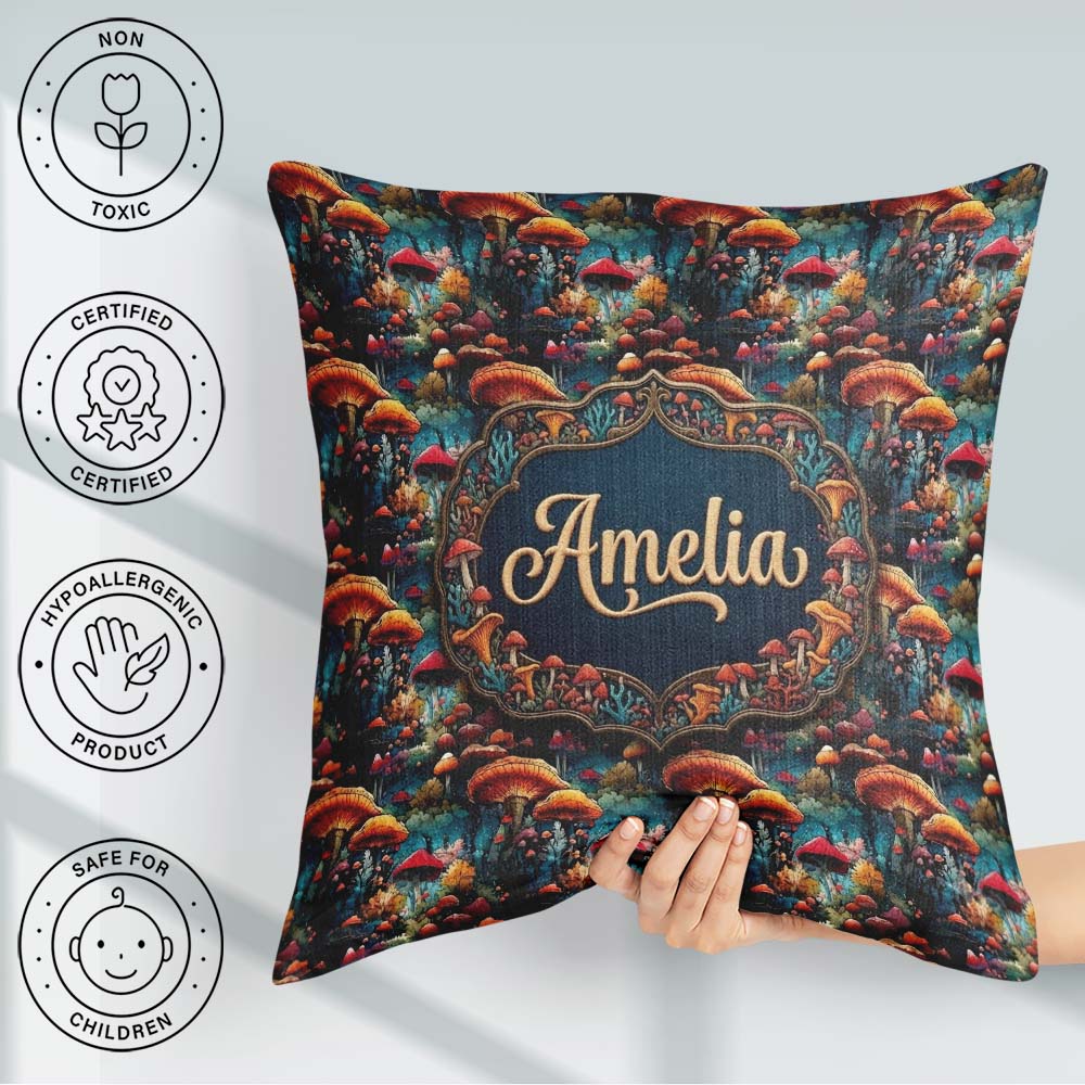 Custom Name Vibrant Fantasy Mushroom Landscape Seamless Pattern Square Filled Cushion Throw Pillow Sofa Bed Home Decor Zip Washable UK Made