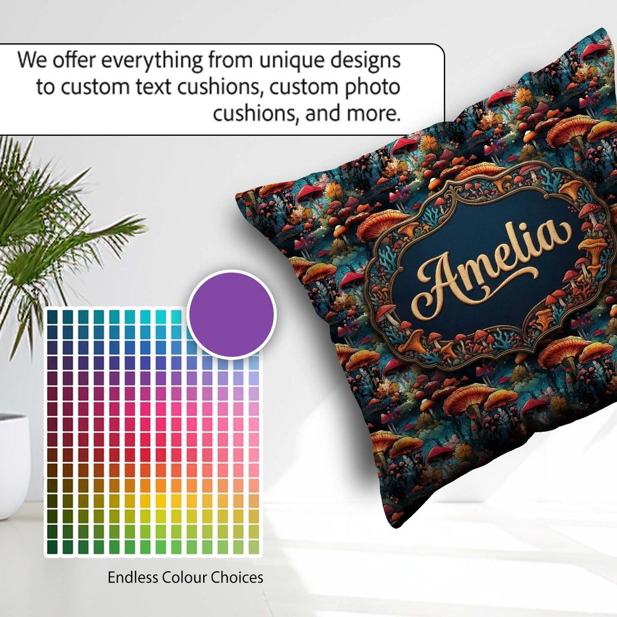 Custom Name Vibrant Fantasy Mushroom Landscape Seamless Pattern Square Filled Cushion Throw Pillow Sofa Bed Home Decor Zip Washable UK Made