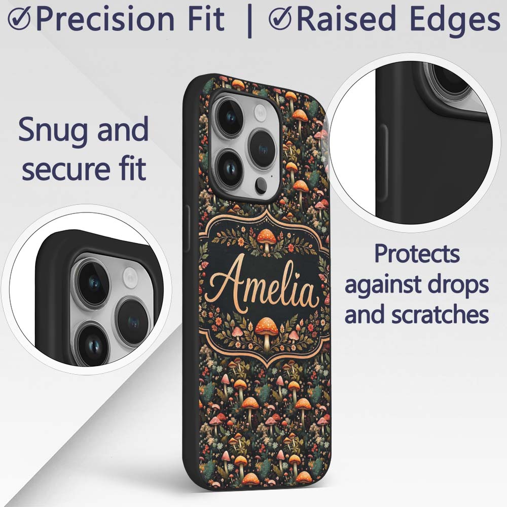 Whimsical Mushroom Garden Seamless Printed Design Custom Name Protective Phone Case Mobile Cover Durable Everyday Smartphone Shock Resistant