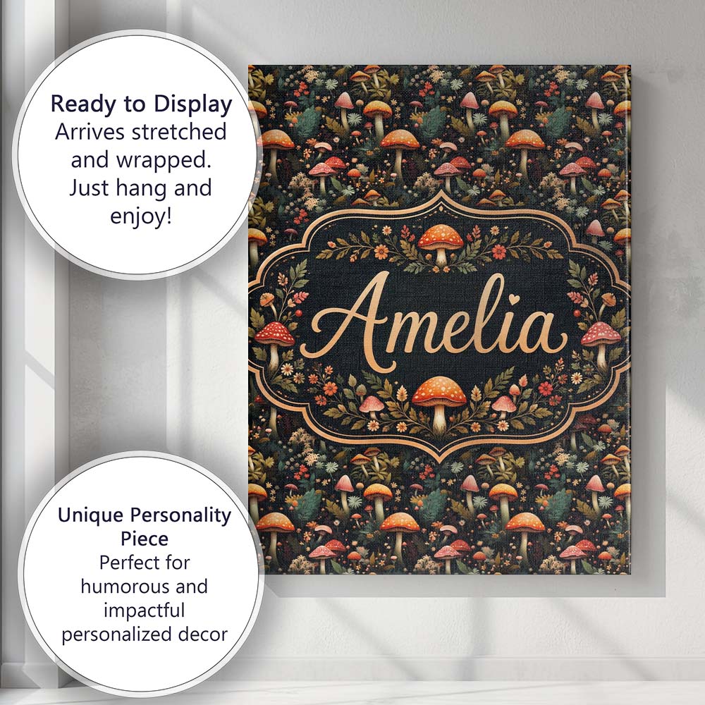 Personalised Name Whimsical Mushroom Garden Custom Bespoke Interior Contemporary Canvas Wall Art Print Decor Picture Ready to Hang