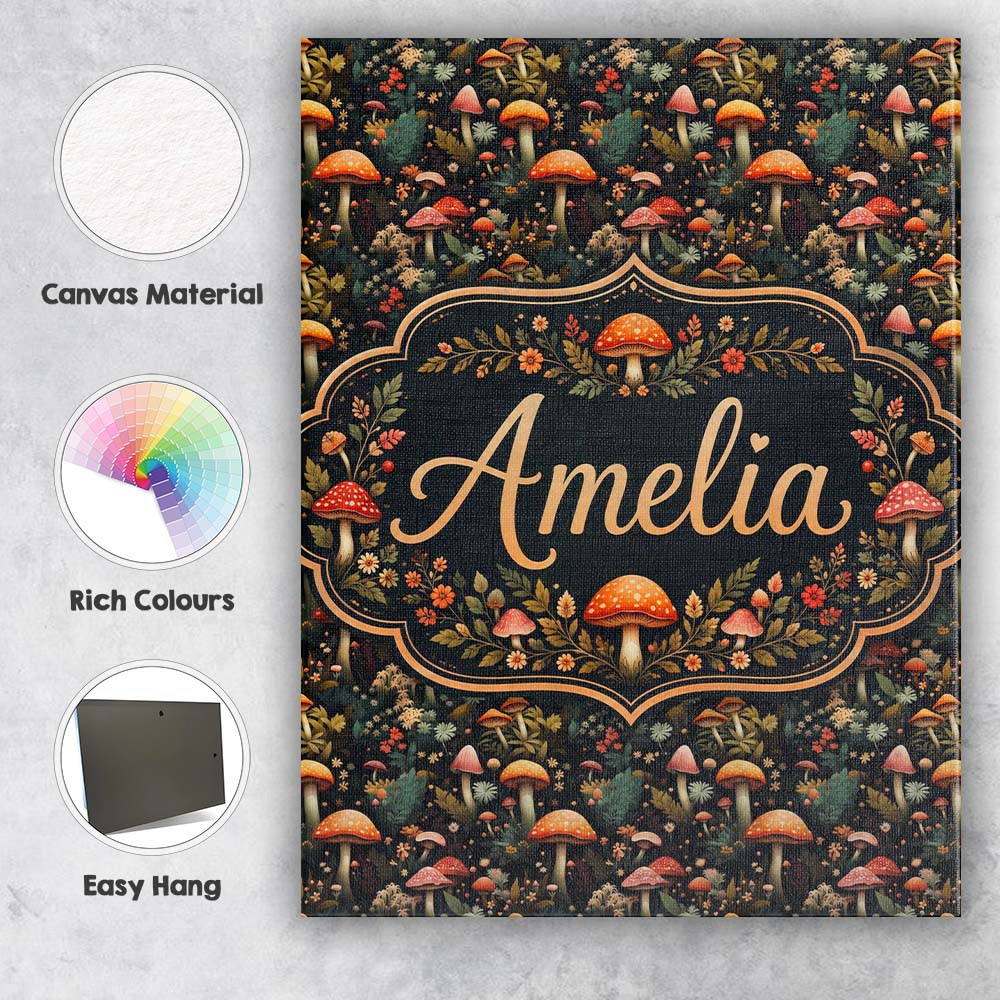 Personalised Name Whimsical Mushroom Garden Custom Bespoke Interior Contemporary Canvas Wall Art Print Decor Picture Ready to Hang