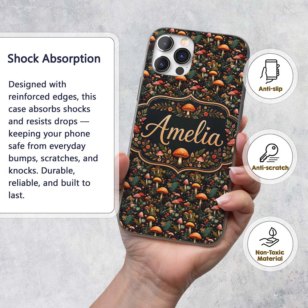 Whimsical Mushroom Garden Seamless Printed Design Custom Name Protective Phone Case Mobile Cover Durable Everyday Smartphone Shock Resistant