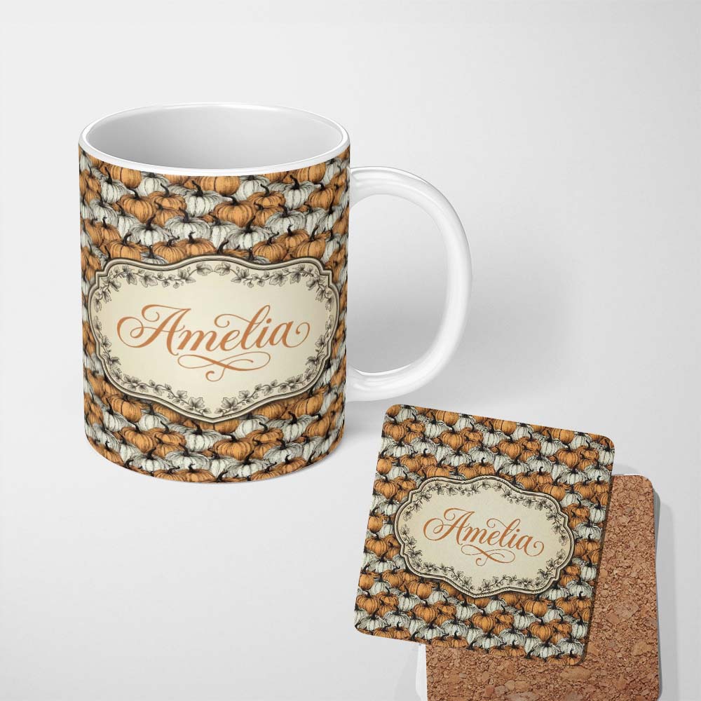 Personalized Custom Name Rustic Pumpkin Patch Seamless Pattern Autumn Harvest Farm Custom 11oz Ceramic Coffee Tea Mug White Large Handle