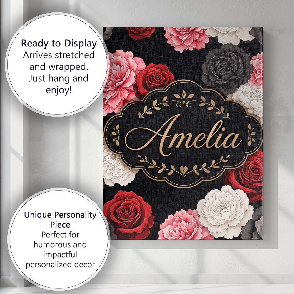 Personalised Name Elegant Rose Floral Custom Modern Room Accent Creative Decorator Style Canvas Wall Art Print Decor Picture Ready to Hang