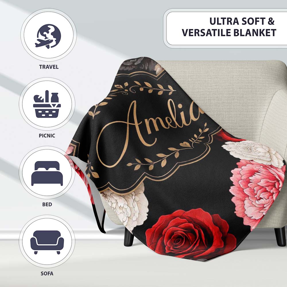 Elegant Rose Floral Seamless Pattern in Red Black and White Lovely Personalised Custom Name Super Soft Fleece Blanket Bed Sofa Throw