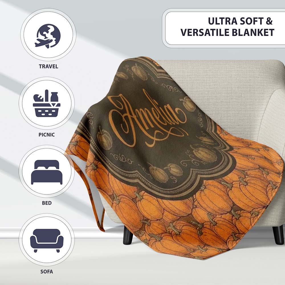 Realistic Orange Pumpkins Seamless Pattern Harvest Season Custom Personalised Custom Name Super Soft Fleece Blanket Bed Sofa Throw