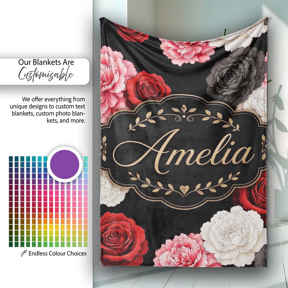 Elegant Rose Floral Seamless Pattern in Red Black and White Lovely Personalised Custom Name Super Soft Fleece Blanket Bed Sofa Throw