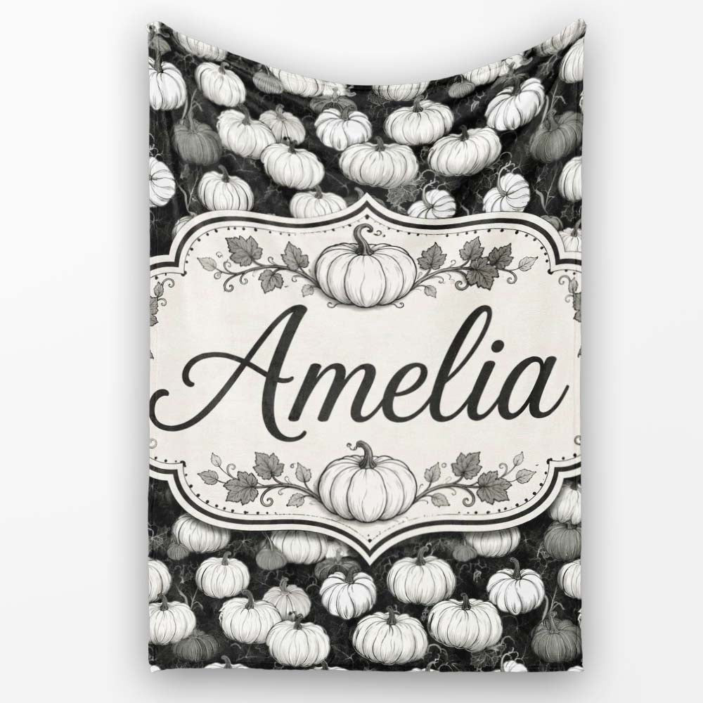 Monochrome Pumpkin Pattern Seamless Design Halloween Theme Name Cute Personalised Custom Name Super Soft Fleece Blanket Bed Sofa Throw