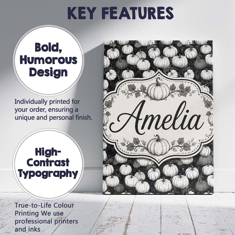 Personalised Name Monochrome Pumpkin Custom Premium Decorative Design Modern Room Accent Canvas Wall Art Print Decor Picture Ready to Hang