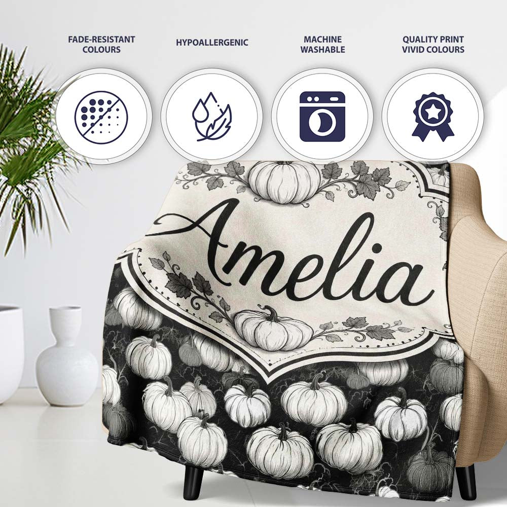 Monochrome Pumpkin Pattern Seamless Design Halloween Theme Name Cute Personalised Custom Name Super Soft Fleece Blanket Bed Sofa Throw