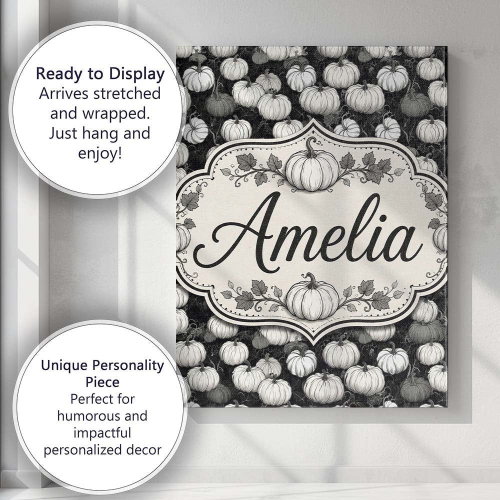 Personalised Name Monochrome Pumpkin Custom Premium Decorative Design Modern Room Accent Canvas Wall Art Print Decor Picture Ready to Hang