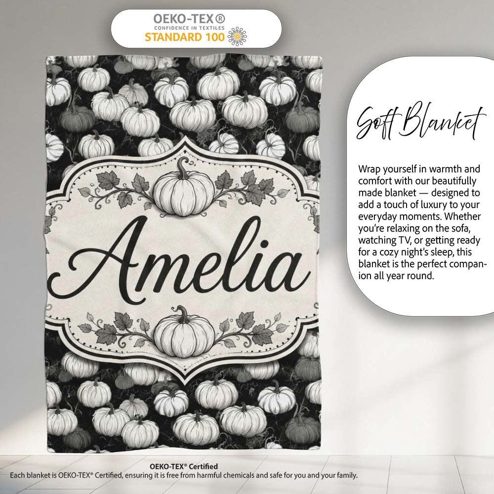 Monochrome Pumpkin Pattern Seamless Design Halloween Theme Name Cute Personalised Custom Name Super Soft Fleece Blanket Bed Sofa Throw