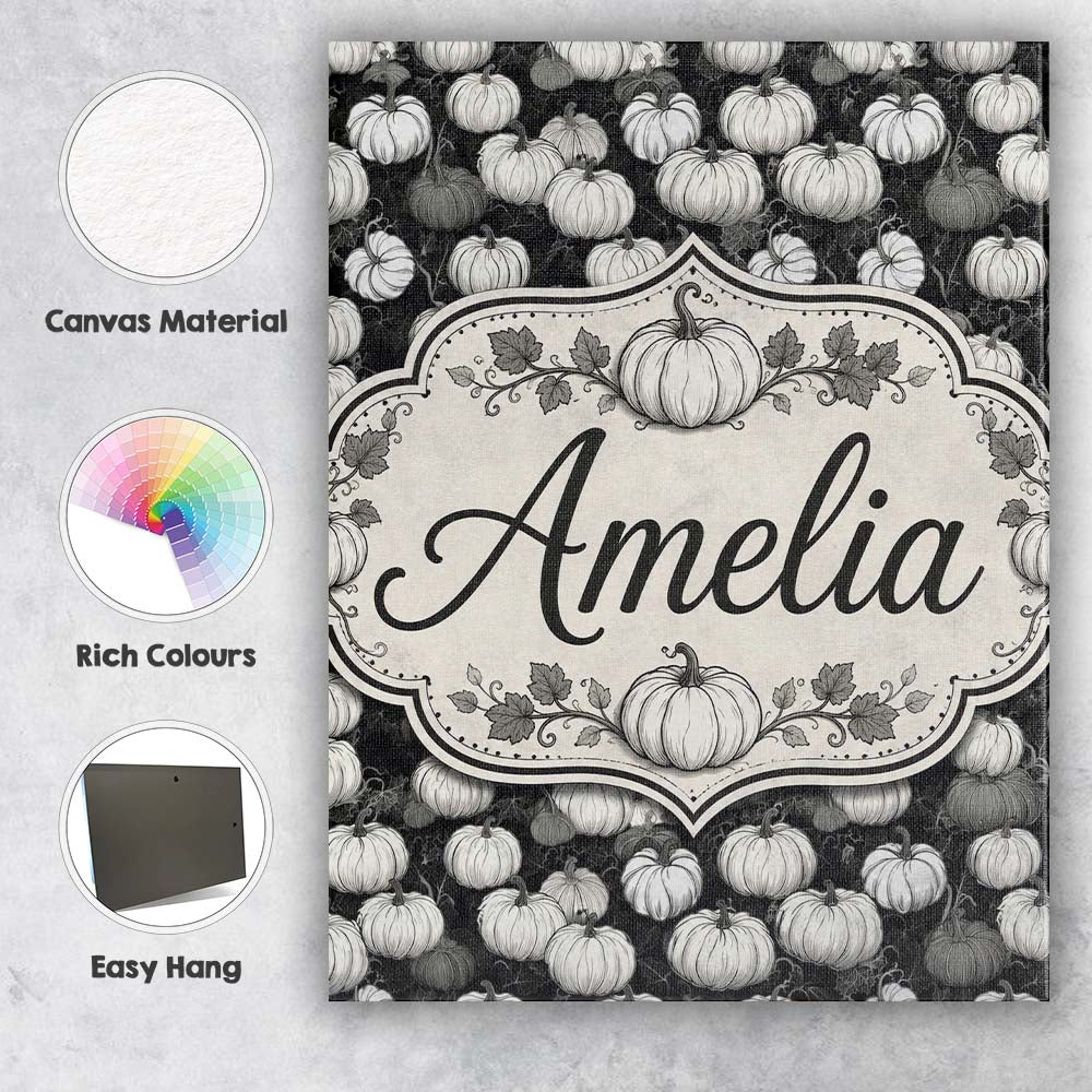 Personalised Name Monochrome Pumpkin Custom Premium Decorative Design Modern Room Accent Canvas Wall Art Print Decor Picture Ready to Hang