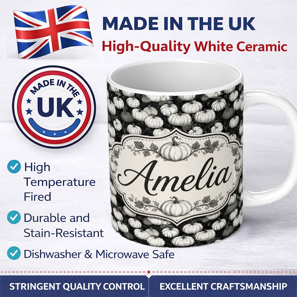 Personalized Custom Name Monochrome Pumpkin Pattern Seamless Design Halloween Theme Name Cute 11oz Ceramic Coffee Tea Mug White Large Handle