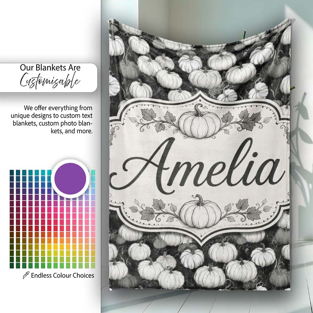 Monochrome Pumpkin Pattern Seamless Design Halloween Theme Name Cute Personalised Custom Name Super Soft Fleece Blanket Bed Sofa Throw