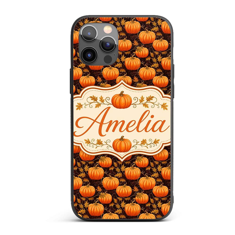 Autumn Pumpkins and Falling Leaves Printed Design Custom Name Protective Phone Case Mobile Cover Durable Everyday Smartphone Shock Resistant