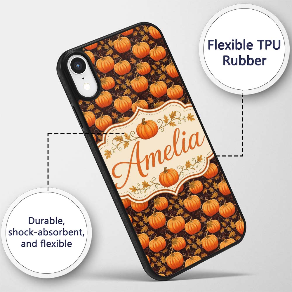 Autumn Pumpkins and Falling Leaves Printed Design Custom Name Protective Phone Case Mobile Cover Durable Everyday Smartphone Shock Resistant