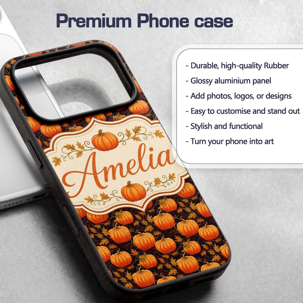 Autumn Pumpkins and Falling Leaves Printed Design Custom Name Protective Phone Case Mobile Cover Durable Everyday Smartphone Shock Resistant