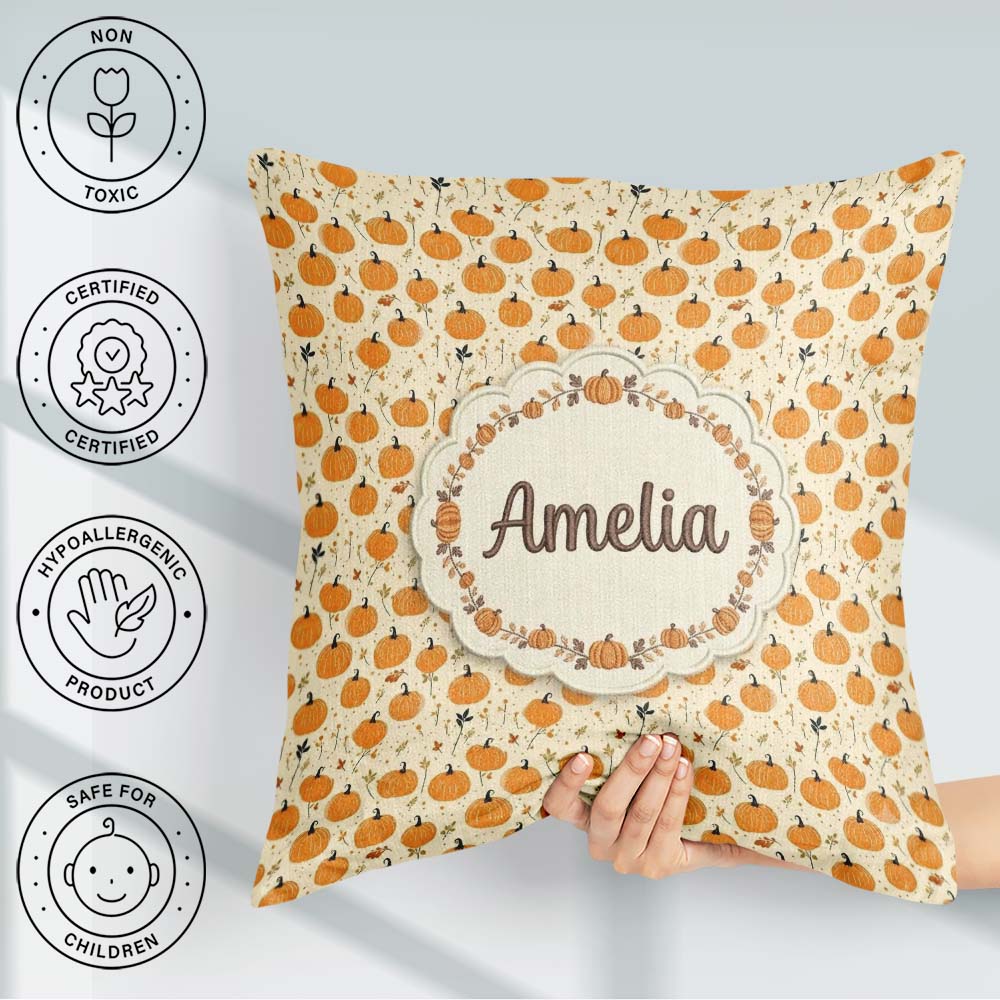 Custom Name Cute Small Pumpkins and Floral Sprigs Seamless Light Square Filled Cushion Throw Pillow Sofa Bed Home Decor Zip Washable UK Made