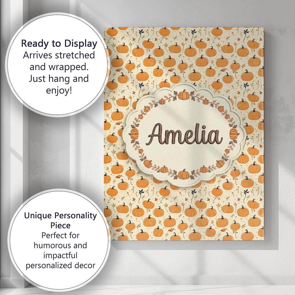 Personalised Name Cute Small Pumpkins and Custom Unique Gift Idea Elegant Feature Canvas Wall Art Print Decor Picture Ready to Hang
