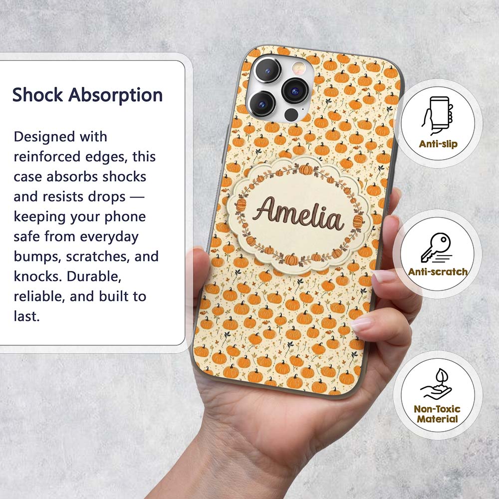 Cute Small Pumpkins and Floral Sprigs Seamless Custom Name Protective Phone Case Mobile Cover Durable Everyday Smartphone Shock Resistant