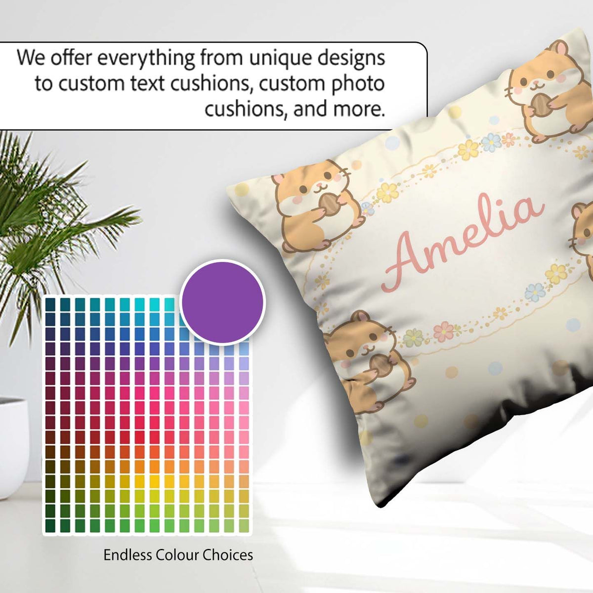 Custom Name Cute Hamster Cartoon Animal Pattern Perfect for Her Square Filled Cushion Throw Pillow Sofa Bed Home Decor Zip Washable UK Made
