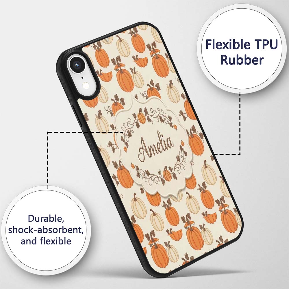 Orange and White Pumpkins with Autumn Leaves Custom Name Protective Phone Case Mobile Cover Durable Everyday Smartphone Shock Resistant