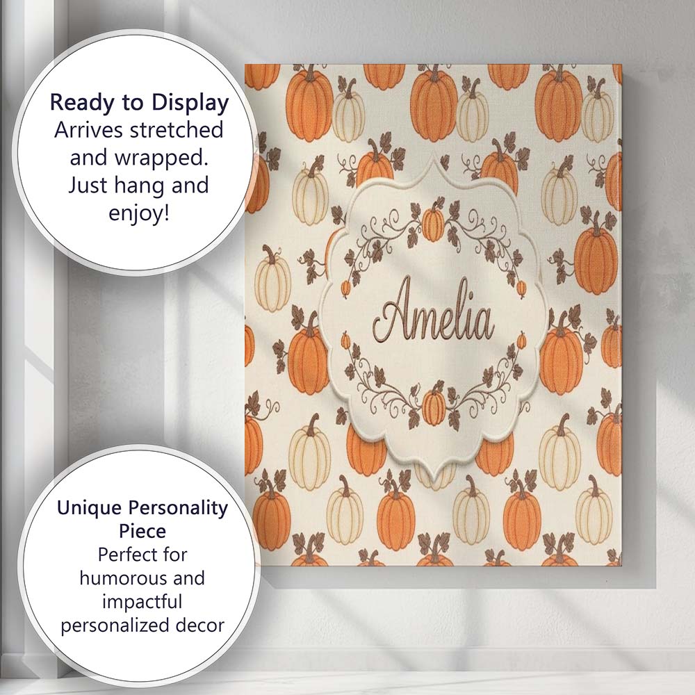 Personalised Name Orange and White Pumpkins Custom Bespoke Interior Contemporary Canvas Wall Art Print Decor Picture Ready to Hang