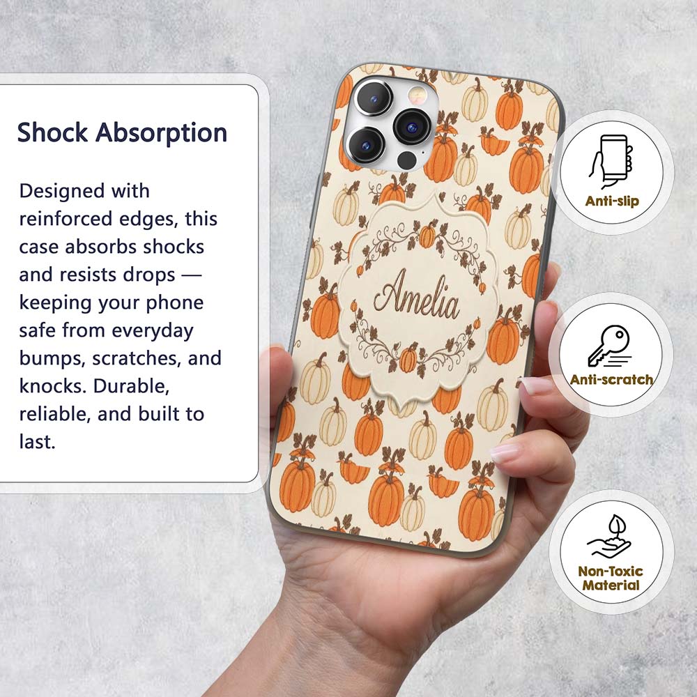 Orange and White Pumpkins with Autumn Leaves Custom Name Protective Phone Case Mobile Cover Durable Everyday Smartphone Shock Resistant