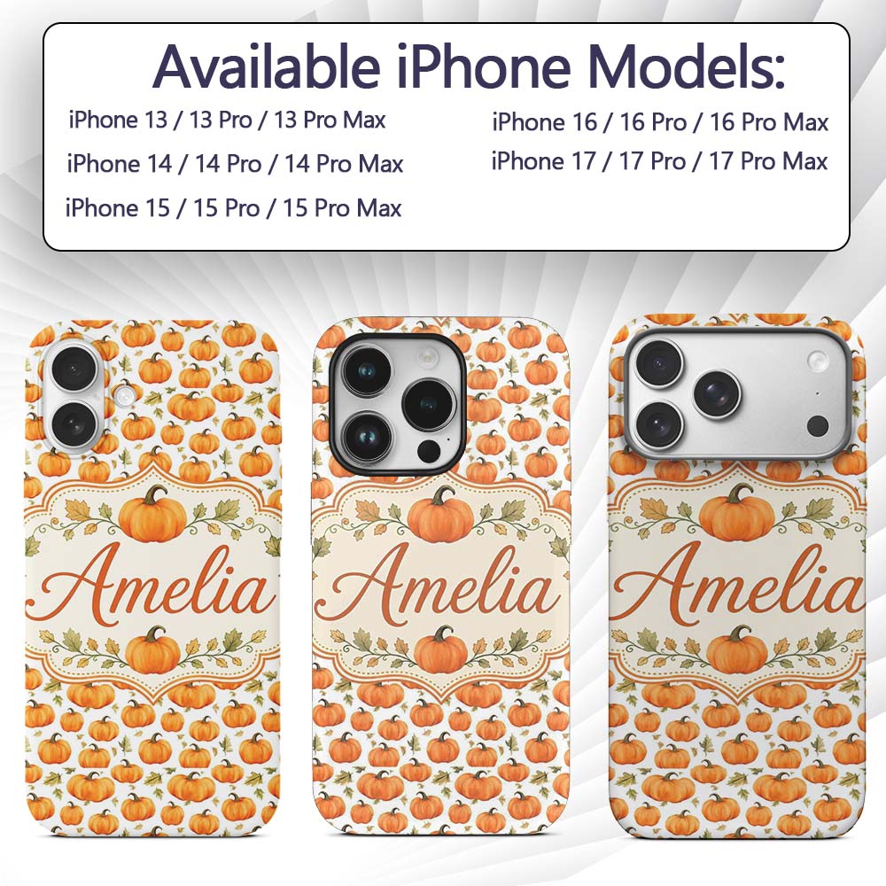 Watercolor Pumpkins and Leaves Seamless Pattern Custom Name Protective Phone Case Mobile Cover Durable Everyday Smartphone Shock Resistant