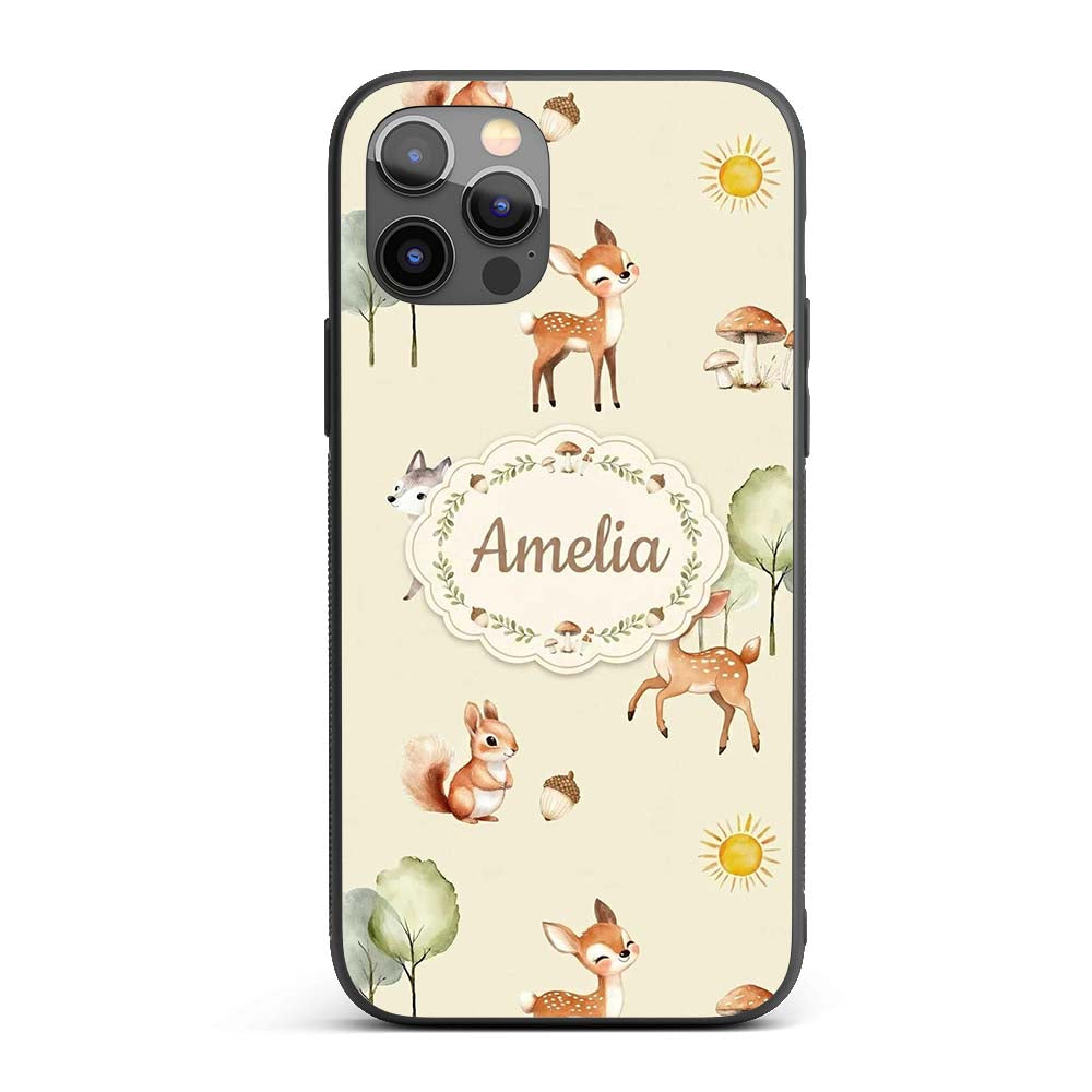 Cute Woodland Deer Fox Mushroom Seamless Pattern Custom Name Protective Phone Case Mobile Cover Durable Everyday Smartphone Shock Resistant