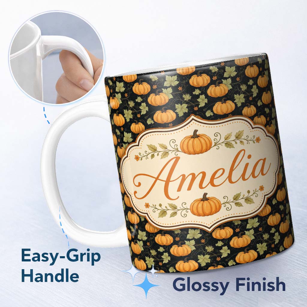 Personalized Custom Name Autumn Pumpkins and Leaves on Dark Background Seamless Pattern Name 11oz Ceramic Coffee Tea Mug White Large Handle